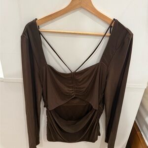 Wayf Dark Brown Ruched Long Sleeve Blouse